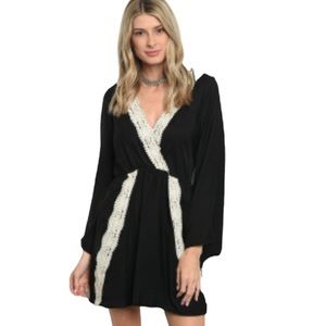 Black Cream Crochet Lace Bell Sleeves Babydoll Dress